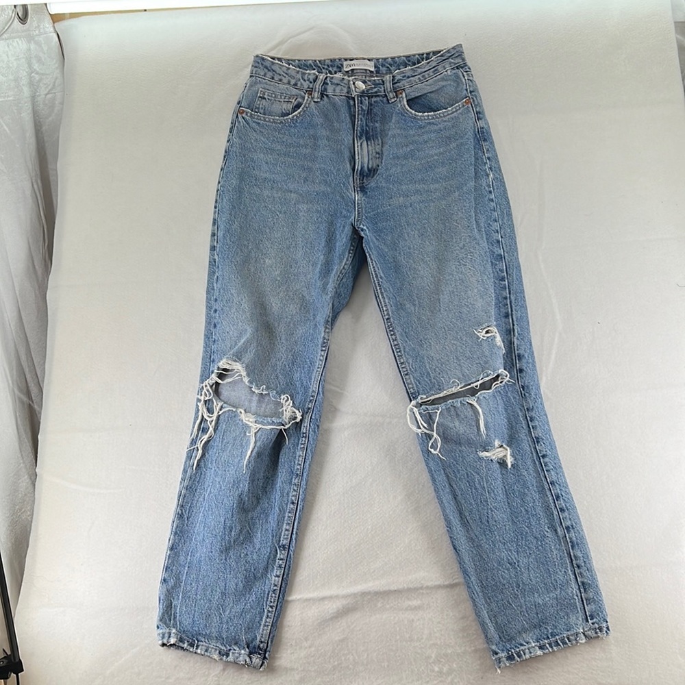 Zara Blue Jeans Straight Leg Distressed Womens Size 6 High Rise Ankle